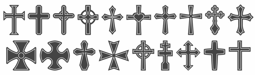 Christian cross. Set of vector religious symbols. Holy Catholic and Orthodox crosses in different design. Church symbol of religion and faith. Vector collection.