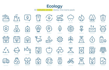 Ecology line icon pack. Ecology Stroke icon set. Editable Stroke icon.