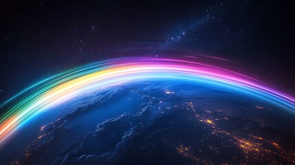 Fototapeta premium Satellite emitting high-frequency beams toward Earth, colorful concentric waves showing direction Satellite and Atmospheric Signal Transmission Satellite and Atmospheric Signal Transmission 