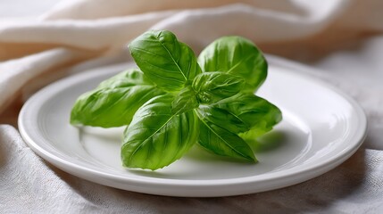Fresh Basil Leaves on a White Plate