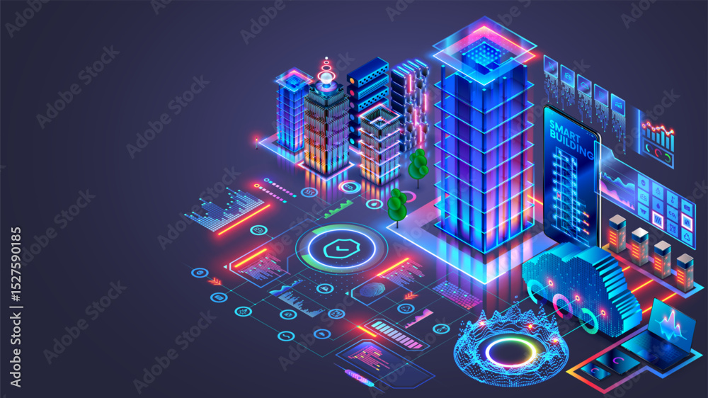 Fototapete Development architecture AI computer systems of smart building. Smart house system programming software. Engineering development of building construction, communication, electricity with AI controls.