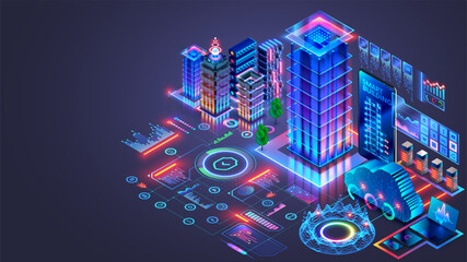 Development architecture AI computer systems of smart building. Smart house system programming software. Engineering development of building construction, communication, electricity with AI controls.