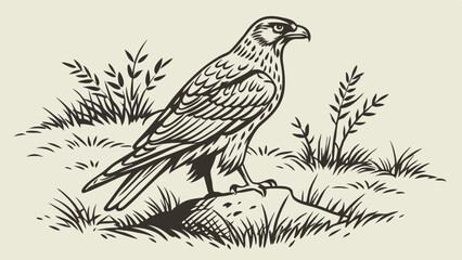 Fototapeta premium Illustration of a majestic eagle perched on a rock surrounded by grass and foliage design art