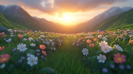 Fototapeta premium Lush mountain meadow at sunset