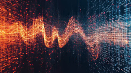 Abstract digital wave pattern with glowing orange and blue lights