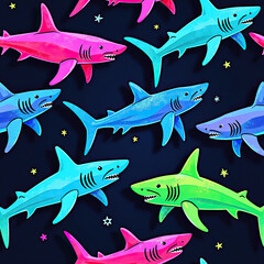 A vibrant, seamless pattern of colorful cartoon sharks in pink, blue, and green swimming on a dark starry background, perfect for fun textile or decor.
