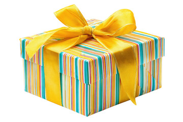 A brightly wrapped present with a yellow ribbon and striped paper on a black background image