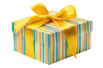 A brightly wrapped present with a yellow ribbon and striped paper on a black background image