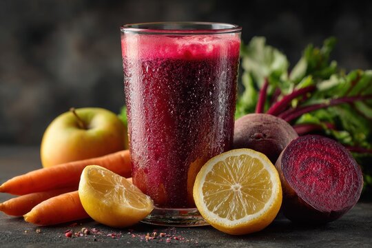 Vibrant beetroot juice served in a glass, surrounded by fresh apples, lemons, carrots, and beets on a dark surface