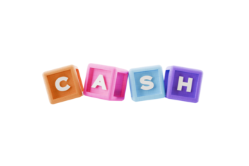 3d building block cubes spelling the word cash, transparent background