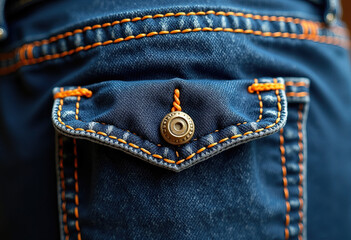 A macro view of a dark blue denim pocket showcasing thick, vibrant orange contrast stitching and a classic brass rivet, highlighting textile craftsmanship.
