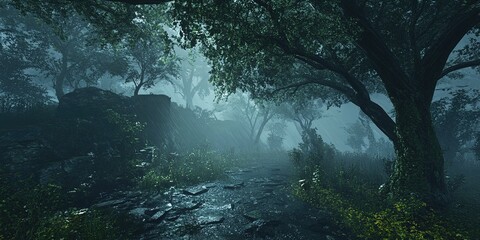 Eerie Misty Forest Path Dark Woods Background
