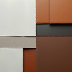 A modern geometric composition of stitched faux leather panels in neutral shades of white, grey, and brown, creating an abstract textural background for design.
