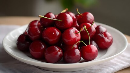 Fresh Cherries on a White Plate