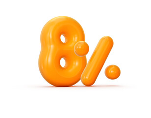 Glossy orange jelly 8% or Eight Percentage isolated on white background with shadow. 3d illustration