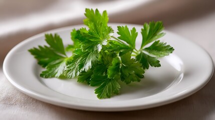 Fresh Parsley Sprig on a White Plate