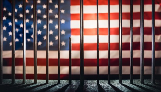 prison bars with usa flag in the background