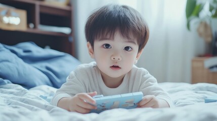 3 years old little cute Asian boy play toy or square block puzzle at home on the bed, kid lying learn by playing block shape or pieces