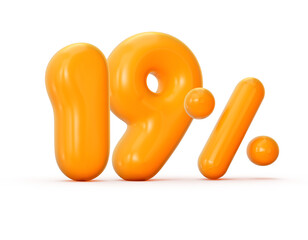 Glossy orange jelly 19% or nineteen Percentage isolated on white background with shadow. 3d illustration