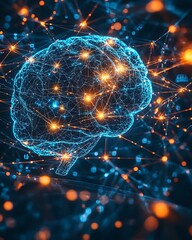 Conceptual AI brain connected to glowing data nodes across global network grid, symbolizing intelligent connectivity Smart Factories and Sensor-Based Systems Real-Time Data Exchange Between 