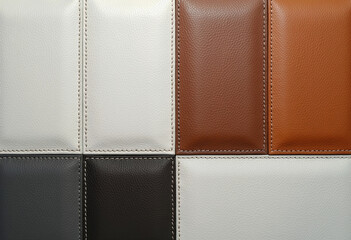 Geometric patchwork of stitched leather squares in a color block design of black, white, and brown, an ideal textured background for modern furniture.
