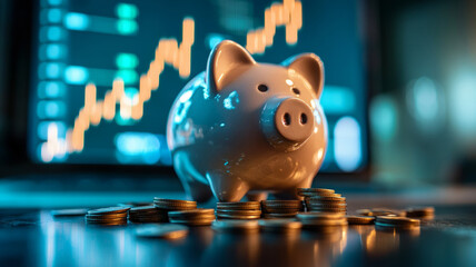 Piggy bank with coins in front of a financial chart on a screen.