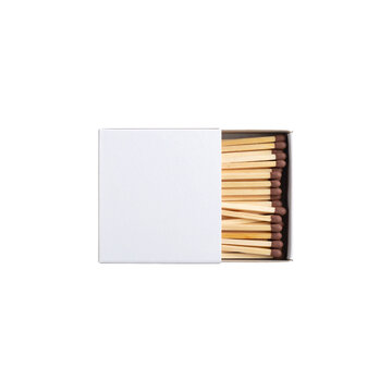Close-up of an open wooden matchbox with flammable sulfur-tipped matchsticks inside, isolated on white, ready to ignite a fire