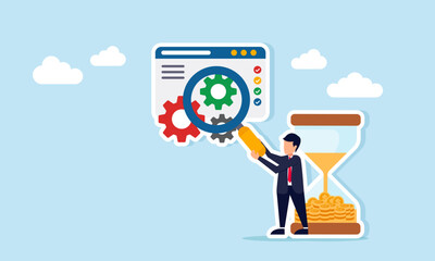 Businessman near hourglass holding magnifying glass to observe application interface with gear illustration of deadline for business system maintenance or improvement
