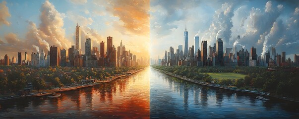 A sprawling metropolitan skyline of towering skyscrapers and high rise buildings reflected in the calm waters of a river set against a dramatic sky filled with vibrant orange pink