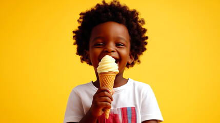 Little boy happily sharing his ice cream cone in a bright yellow setting on a warm day