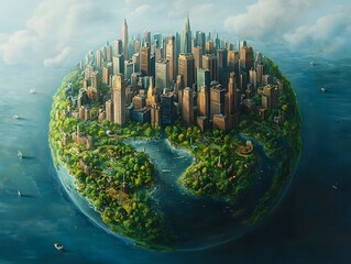A surreal depicting a densely populated urban globe highlighting the uneven distribution of resources and development across the Earth s continents and landscapes