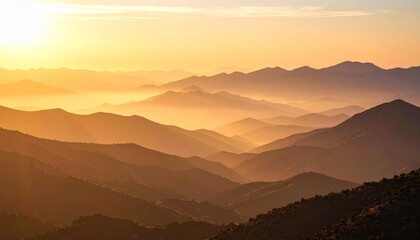 Sunlit mist rolls across layered desert hills, glowing with a soft warm gradient of amber to rose, captured in crisp morning clarity. 