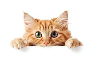 fluffy kitten peeking over a horizontal blank banner, white background, studio lighting for advertisement layout 
