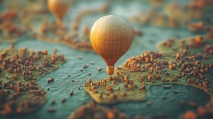 A hot air balloon representing population growth inflates over a barren desert like landscape symbolizing the strain on limited natural resources as the population expands