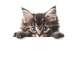 Fototapeta premium fluffy kitten peeking over a horizontal blank banner, white background, studio lighting for advertisement layout 