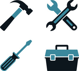 Hand tools icon set. Hammer, screwdriver, wrench and spanner for basic repair and construction utility work  