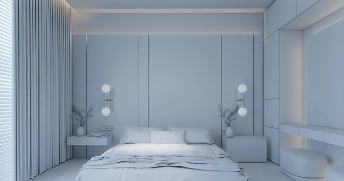 Luxury Bedroom Clay Animation, 3 Angles with Lighting Study, Neutral White, 4K render