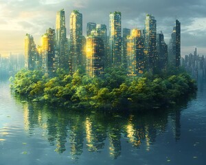 A vibrant high rise city skyline surrounded by a serene lake or river with a lush forested island at its center symbolizing the balance between urban growth and natural preservation