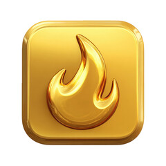 Golden flame icon on square button digital graphic design element 3d render shiny luxury gold fire symbol app button interface design modern technology on transparent background