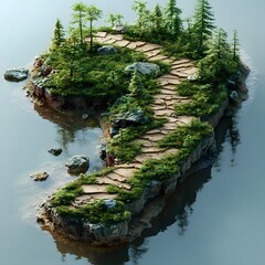 A lush secluded island landscape with a winding path through untouched natural surroundings