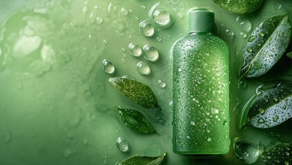 Green bottle with water droplets and leaves, natural beauty product