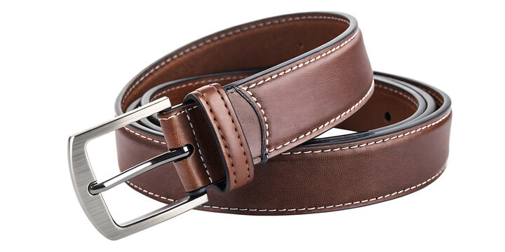 Brown leather belt with silver buckle isolated on a white background png ai generated