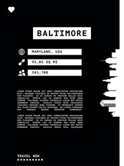 Baltimore, Maryland vector infographics, brochure black and white layout. Guide, leaflet, flyer, graphic template with text, information, skyline contour. Page, festival, cover mock up image for USA