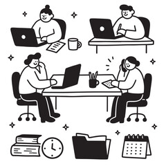 Cartoon Office Workers Doodle Icon Set