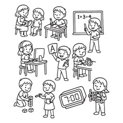 Cute Kids Learning Activities - Black and White Line Art for Education Materials