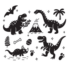 Dinosaur Silhouette Set with Volcano and Plants