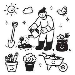 Gardening Icon Set in Hand Drawn Style