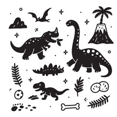 Dinosaur Silhouette Set with Volcano and Plants