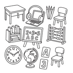 School Learning Tools Icons - Black and White Line Art