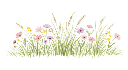 Colorful wildflowers blooming peacefully in a sunny grassy field.
